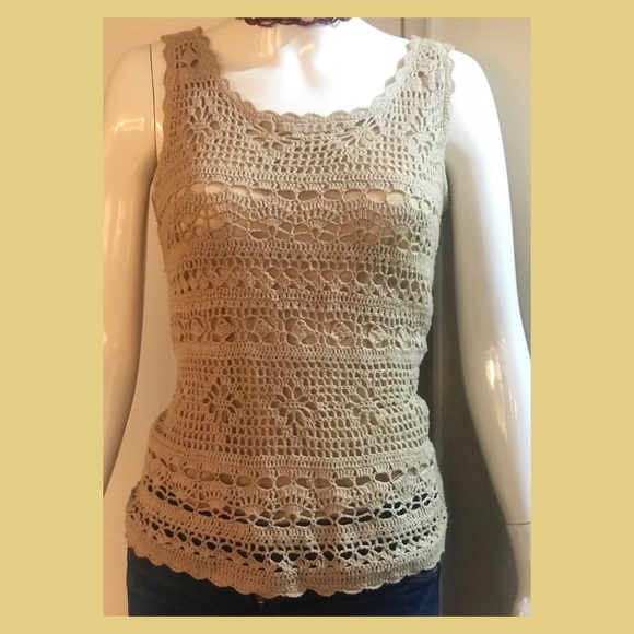 Tan color sleeveless tops; crocheted, inner sheer - Picture 2 of 4